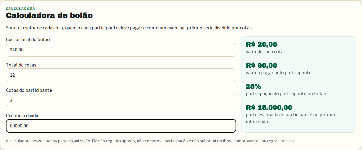 Calculadora com custo de 240 reais, 12 cotas, 3 cotas do participante e divisão hipotética de 60 mil reais